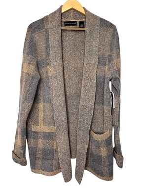 NWT Preswick & Moore Plaid Open Front Cardigan Sweater Large Grey Camel Pocket